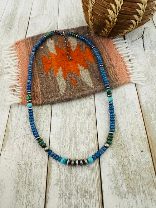 Navajo Lapis, Turquoise & Sterling Silver 18” Beaded Necklace
