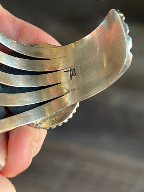 Navajo Sterling Silver, Mediterranean Coral & Golden Hills Turquoise Cuff Bracelet by Tyler Brown