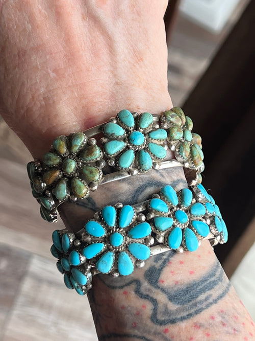 Handcrafted Old Pawn Sterling Silver and Mixed Turquoise Daisy Cluster Cuff Bracelet, Signed MA /