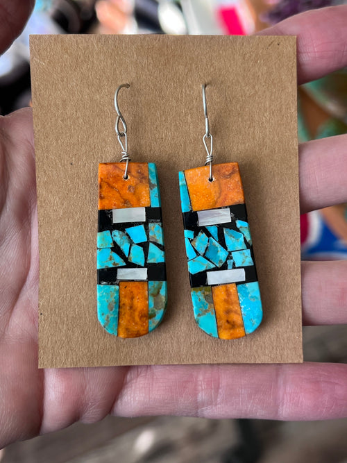 Handcrafted Inlay Turquoise and Apple Coral Thunderbird Tab Necklace & Earrings Set by Warren Nieto