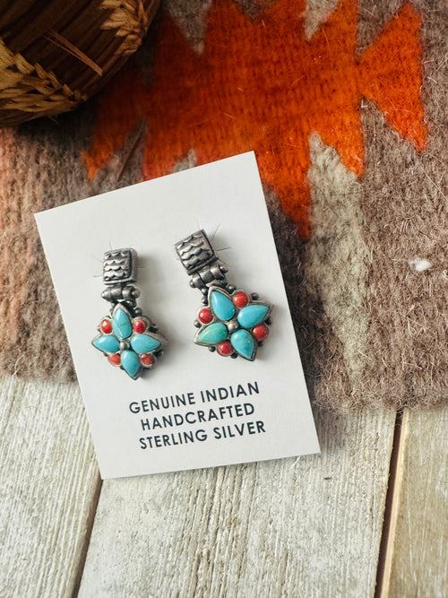 Old Pawn Navajo Sterling Silver, Turquoise & Coral Flower Dangle Earrings