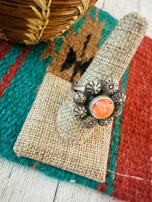 Old Pawn Navajo Sterling Silver & Orange Spiny Flower Ring Size 9