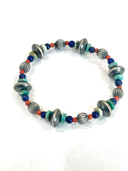 Handmade Sterling Silver Multi Stone Beaded Stretch Bracelet
