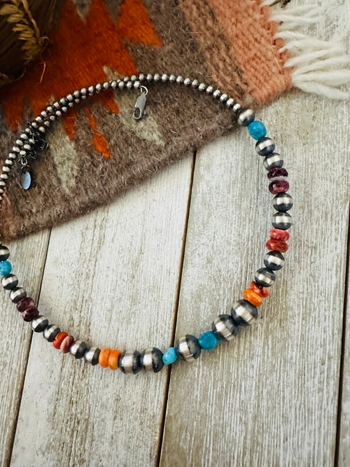 Navajo Spiny, Turquoise & Sterling Silver Beaded Wrap Choker Necklace