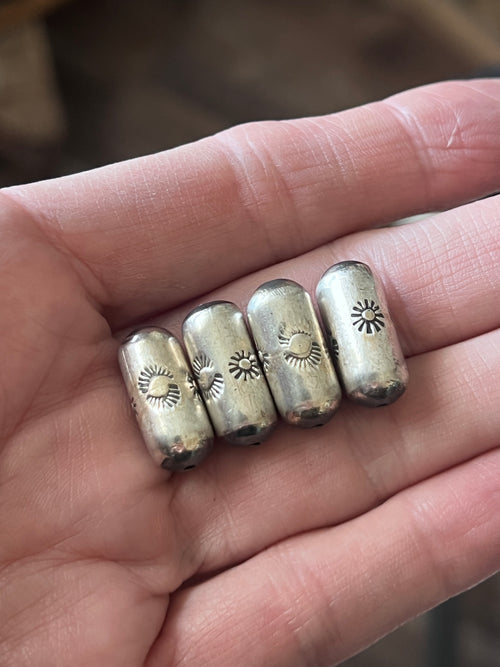 Handmade Stamped Sterling Silver Barrel Beads, Sunrise