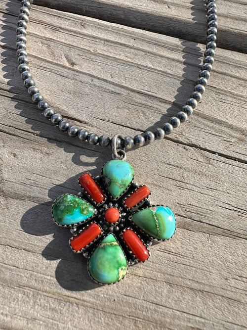 Beautiful Handmade Sterling Silver, Coral & Sonoran Turquoise Beaded Necklace