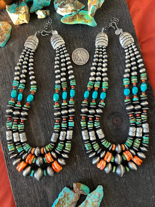 Navajo Handmade Triple Strand Sterling Silver, Spiny Oyster and Sonoran Mountain Bead Necklace by Rose Martin