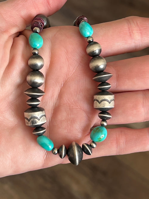 Navajo Made Electric Rainbow Sterling Silver, Turquoise and Spiny Oyster Single Strand Beaded Necklace by Rose Martin, 20 + 2 Inches