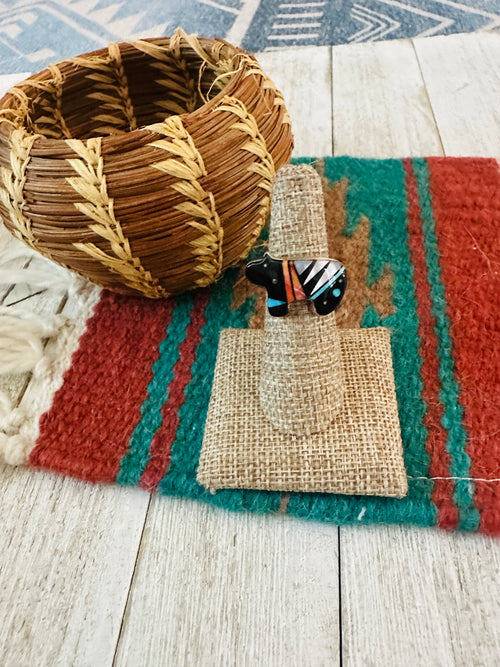 Old Pawn Navajo Sterling Silver & Multi Stone Inlay Bear Ring Size 5.5