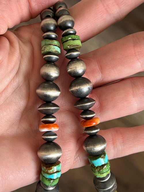 Navajo Made Electric Rainbow Sterling Silver, Turquoise and Spiny Oyster Single Strand Beaded Necklace by Rose Martin, 18 + 2 Inches