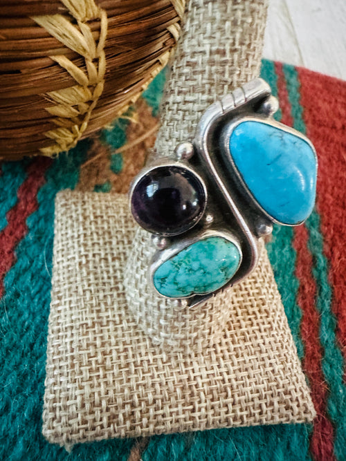 Old Pawn Navajo Sterling Silver, Turquoise & Amethyst Adjustable Ring