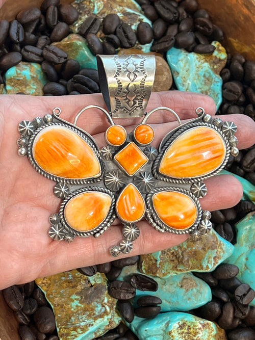 Apache Sterling Silver and Orange Spiny Oyster Shell Butterfly Pendant by Rosella Paxson
