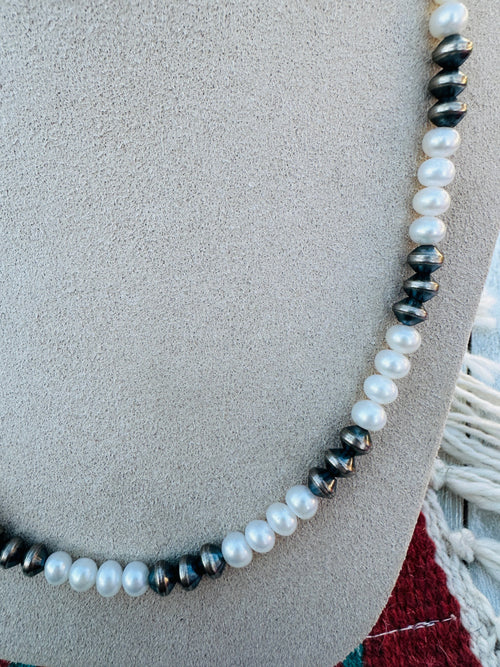 Sterling Silver Pearl & Freshwater Pearl 18” Beaded Necklace