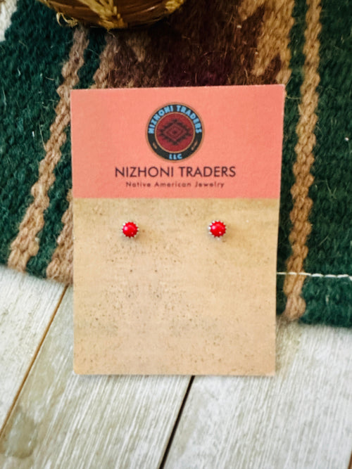 Old Pawn Navajo Sterling Silver & Coral Stud Earrings