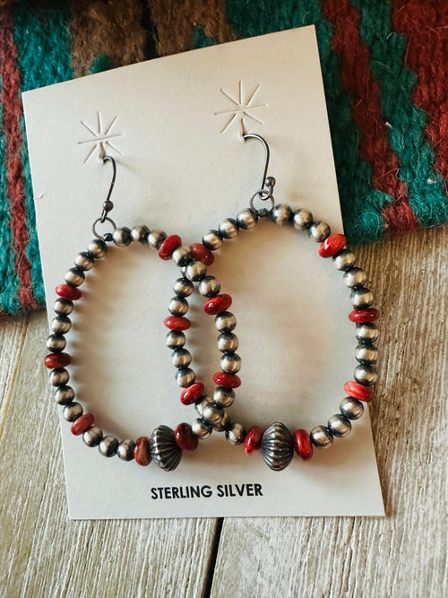 Navajo Multi Stone & Sterling Silver Pearl Beaded Hoop Earrings