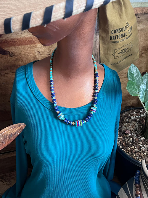 Ronald Chavez Handcrafted Multistone Beaded Santo Domingo Necklace with Lapis Rondelles