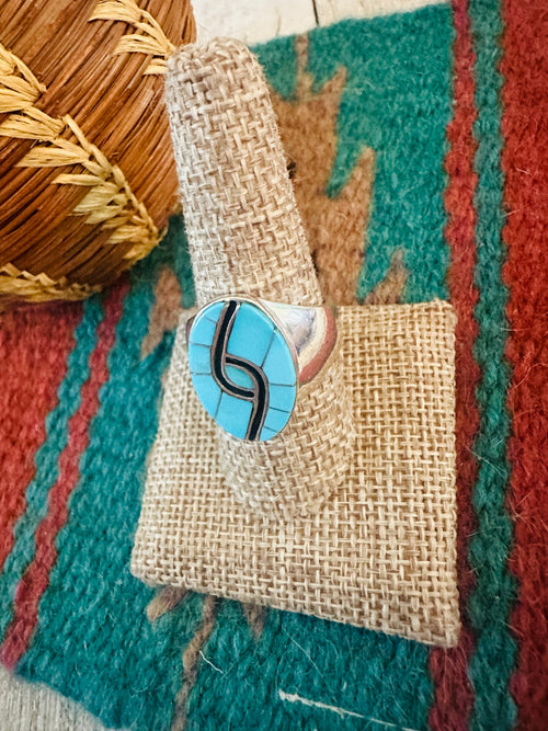 Old Pawn Navajo Sterling Silver, Turquoise & Onyx Inlay Ring Size 9