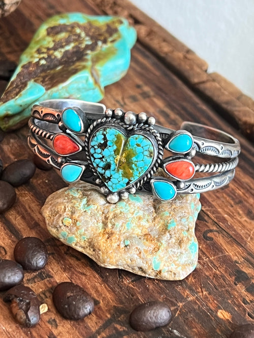 Handcrafted Split Sterling Silver, Kingman Turquoise Heart & Spiny Oyster Cuff Bracelet by Diane Wylie