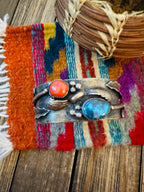 Handcrafted Old Pawn Sterling Silver, Turquoise & Coral Cuff Bracelet