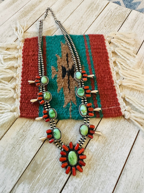 ** Christmas Collection ** Handmade Sterling Silver, Turquoise & Coral Necklace Signed Nizhoni