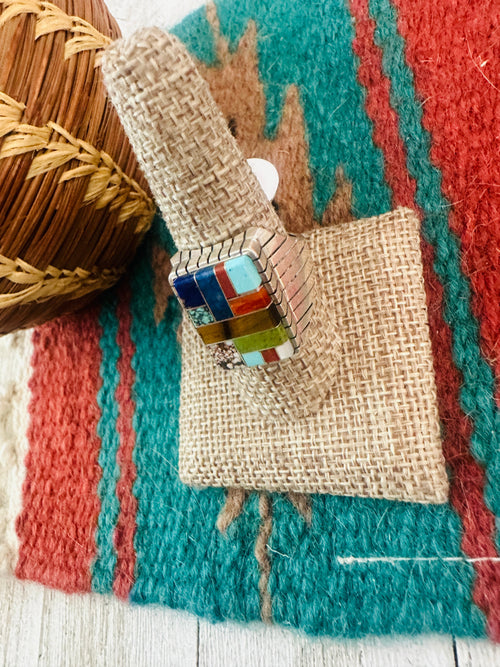 Old Pawn Navajo Sterling Silver & Multi Stone Inlay Ring Size 9.75