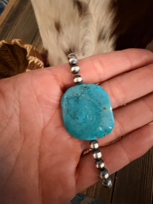 Handcrafted Kingman Turquoise & Sterling Silver Pearl 18” Beaded Necklace