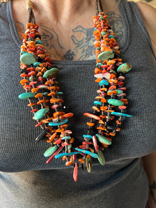 Gorgeous Handcrafted Five Strand Spiny Oyster and Turquoise Beaded Squaw Wrap Necklace with Tabs by Daniel Coriz