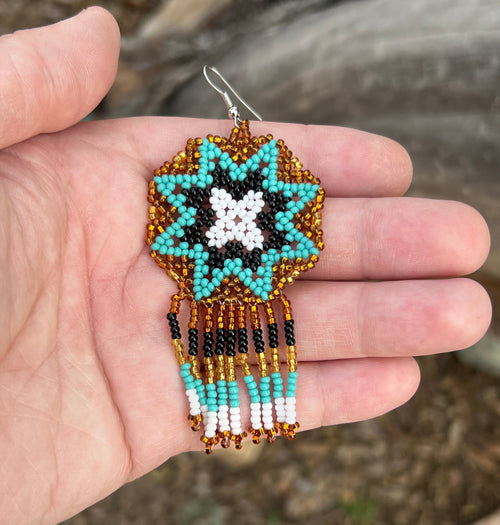 Handmade MultiColor Beaded Dangle Earrings (Gold & Turquoise)