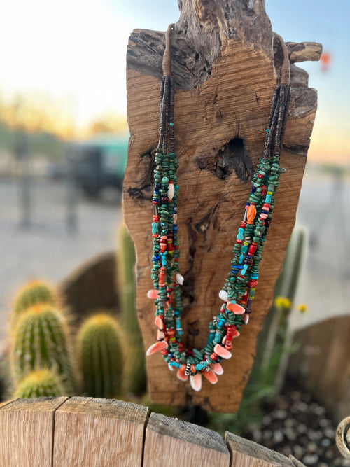 Gorgeous Santo Domingo Made Six Strand Turquoise and Spiny Oyster Beaded Squaw Wrap Necklace, Green