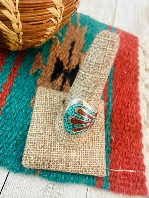 Old Pawn Navajo Sterling Silver, Turquoise & Coral Chip Inlay Ring Size 10