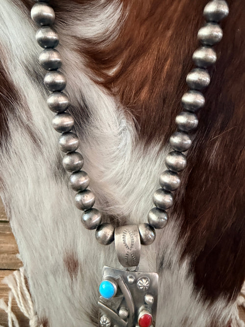 Handcrafted Turquoise, Coral & Sterling Silver Beaded Necklace by Debra Smith