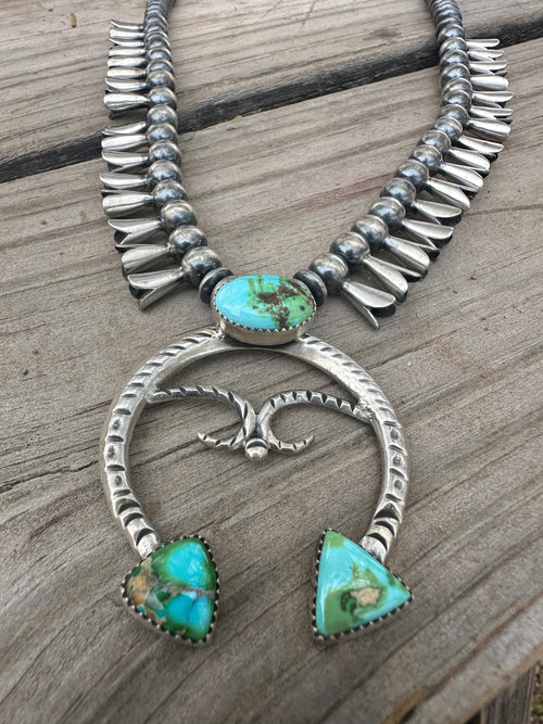 Beautiful Handmade Sterling Silver & Sonoran Mountain Turquoise Squash Blossom Necklace