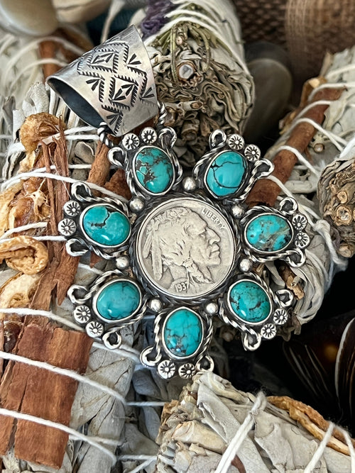 Rosella Paxson Indian Head Nickel Pendant with Hubei Turquoise