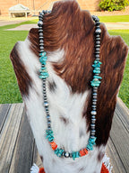 Handcrafted Turquoise, Spiny & Sterling Silver 24” Beaded Necklace by Chimney Butte