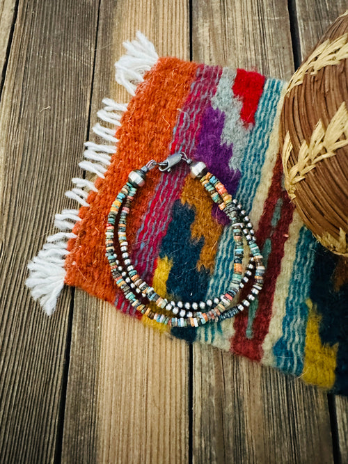 Handcrafted Turquoise, Spiny & Sterling Silver Pearl Triple-Strand Beaded Bracelet