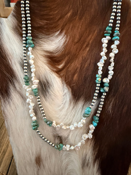 Handcrafted Turquoise, Mother of Pearl and Sterling Silver Pearl Beaded Necklace