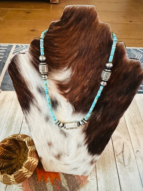 Navajo Turquoise & Hand Stamped Sterling Silver Pearl Beaded Necklace