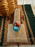 Old Pawn Handcrafted Turquoise, Coral & Sterling Silver Ring Size 9