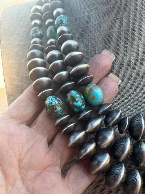 Handcrafted Rose Martin Sterling Silver & Kingman Turquoise Three Strand Necklace