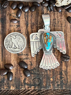 Hand Stamped Sterling Silver & Pilot Mountain Turquoise Thunderbird Pendant by Kimari Somers