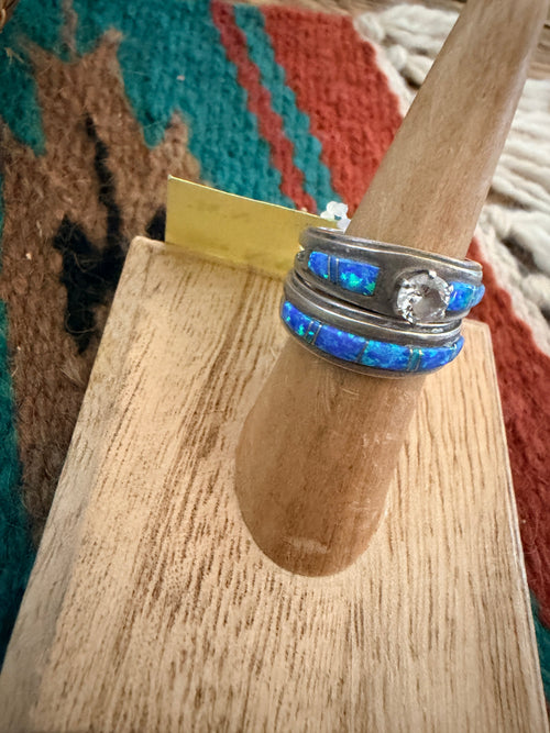 Old Pawn Handcrafted Opal, CZ & Sterling Silver Inlay Ring Set Size 7.25