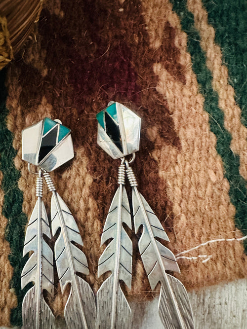 Handcrafted Old Pawn Sterling Silver, Turquoise & Onyx Feather Clip On Dangle Earrings