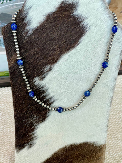 ** 4TH OF JULY ** Handmade Sterling Silver & Lapis Beaded Necklace with Signed Nizhoni