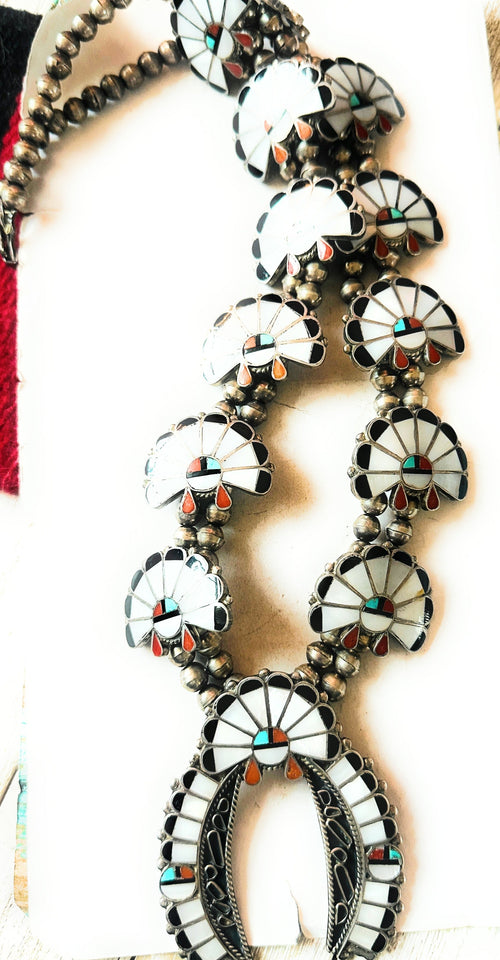 Vintage Old Pawn Sunface Multi Stone & Sterling Silver Beaded Squash Blossom Necklace