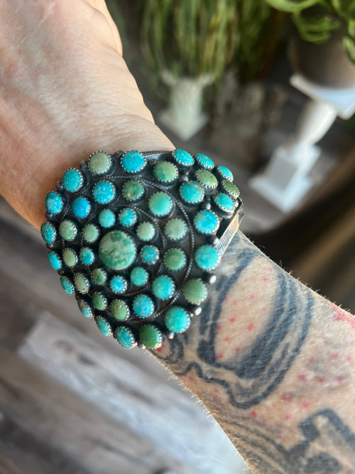 Handcrafted Vintage Sterling Silver and Fox Turquoise Cluster Cuff /