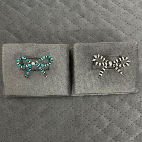 Handmade Turquoise Bow Tie Handmade Sterling Silver Pearl Beaded Stretch Ring