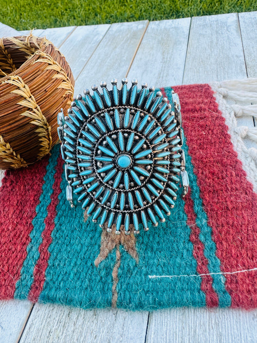 Handcrafted Old Pawn Sterling Silver & Turquoise Needlepoint Cuff Bracelet