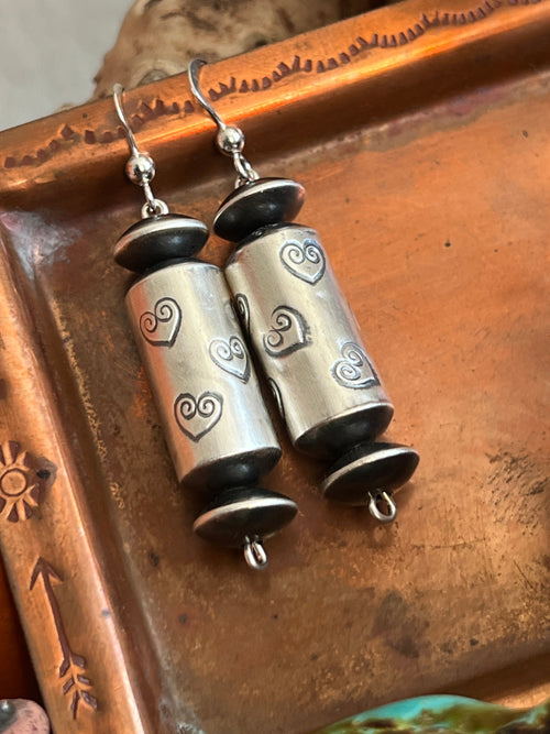 Sterling Silver Handcrafted Heart Stamped Barrel Bead Drop Dangle Earrings by Preston Haley