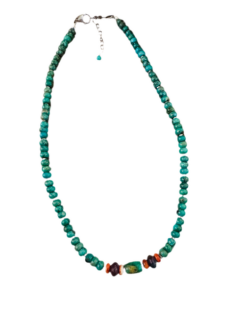 Handcrafted Turquoise, Spiny, Amethyst & Sterling Silver 16” Beaded Necklace