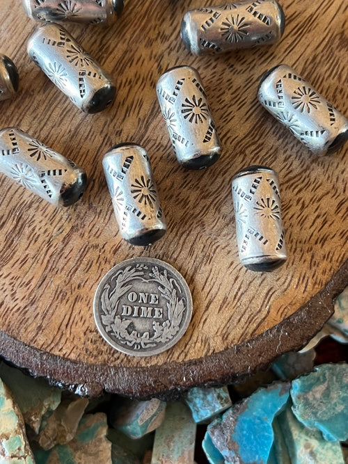Handmade Stamped Sterling Silver Barrel Beads, The Firework